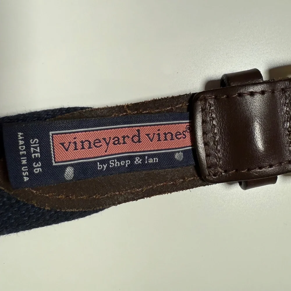 Vineyard Vines Belt Mens 36 Navy Green Sailboat Leather Brass Preppy USA Made